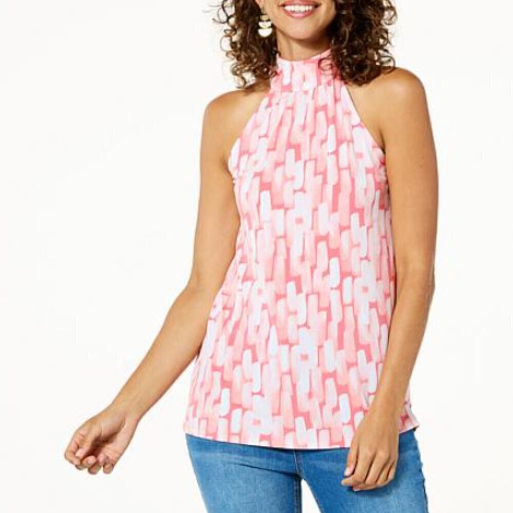 Colleen Lopez Blue Green White Halter Watercolor Blouse XXS